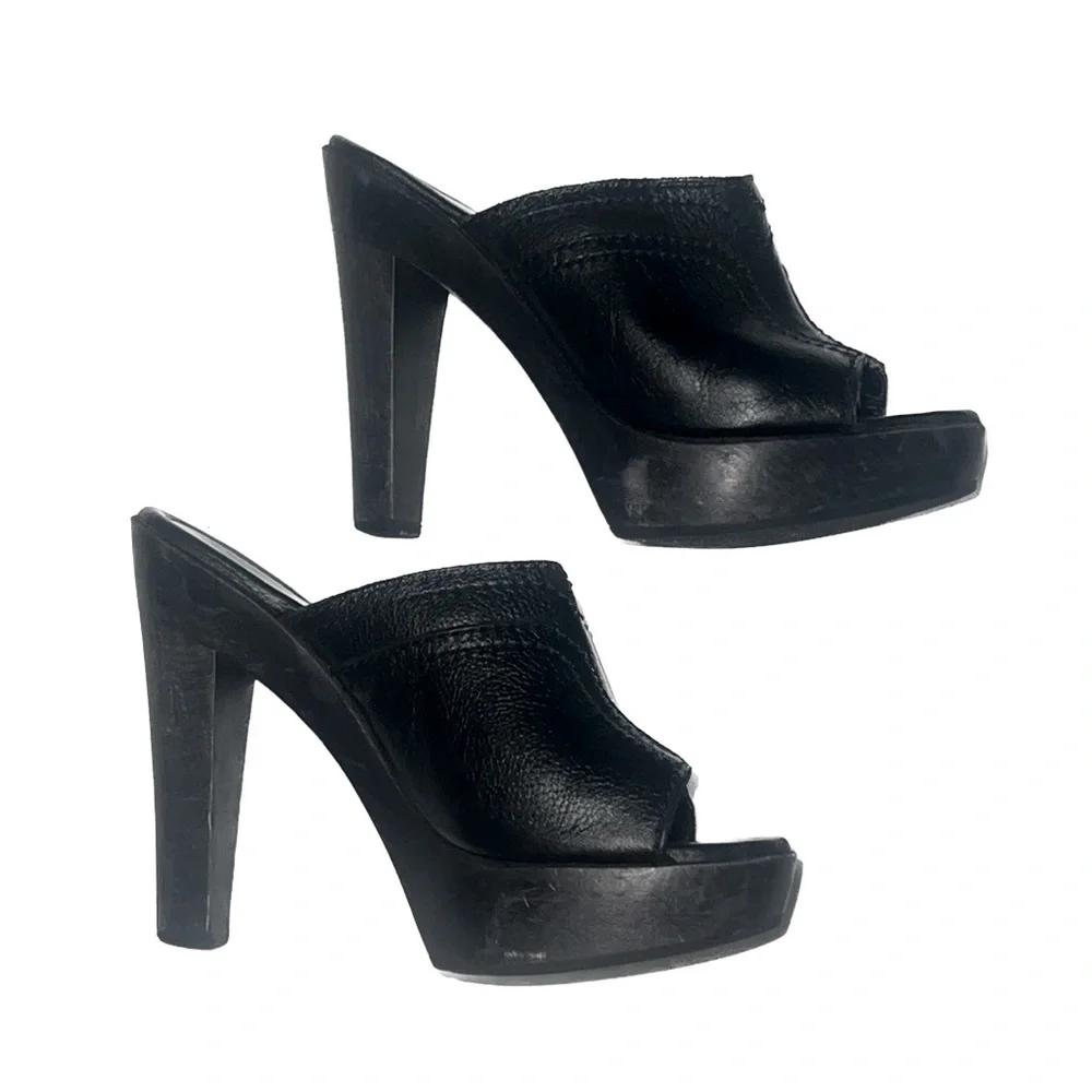 YSL Yves Saint Laurent Y2K Black Wooden Platform Block Heels, size 35